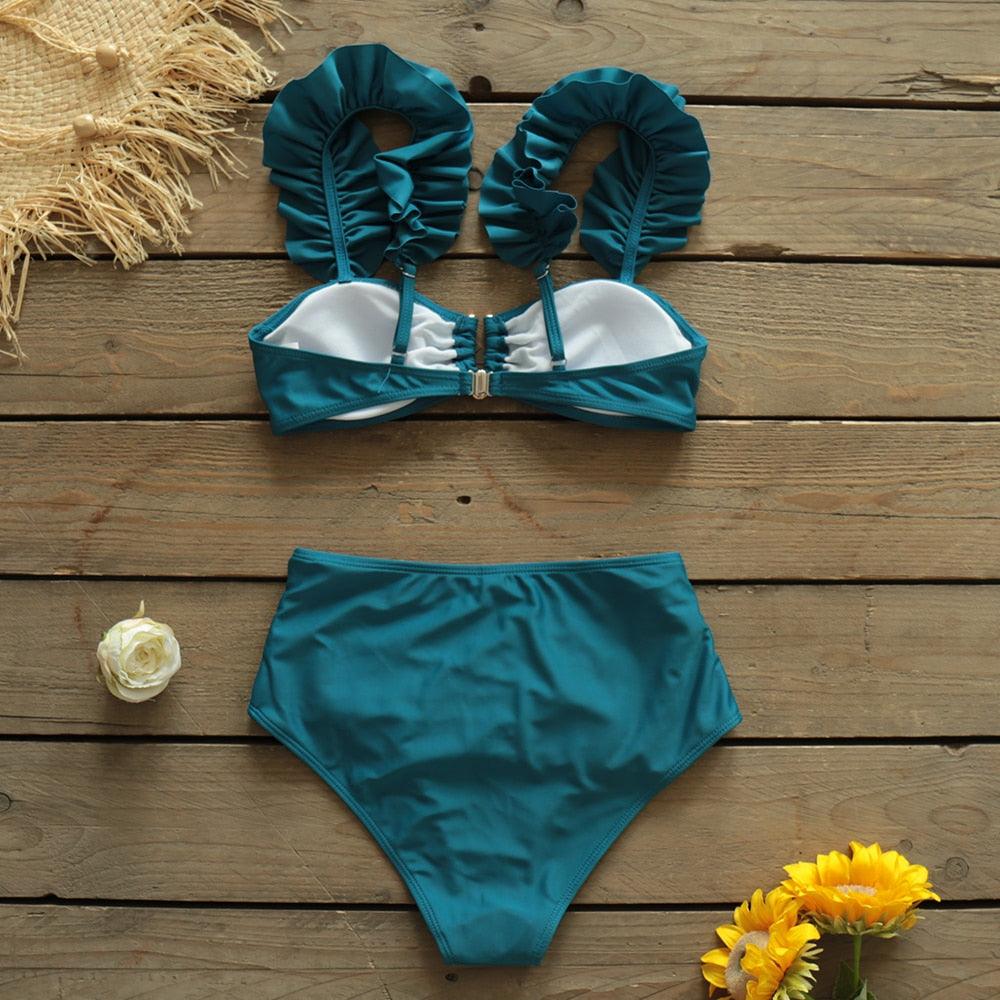 Two-piece women's push-up padded bra bikini set with ruffles, low-rise bandage swimwear, perfect for beachwear and summer swimming.