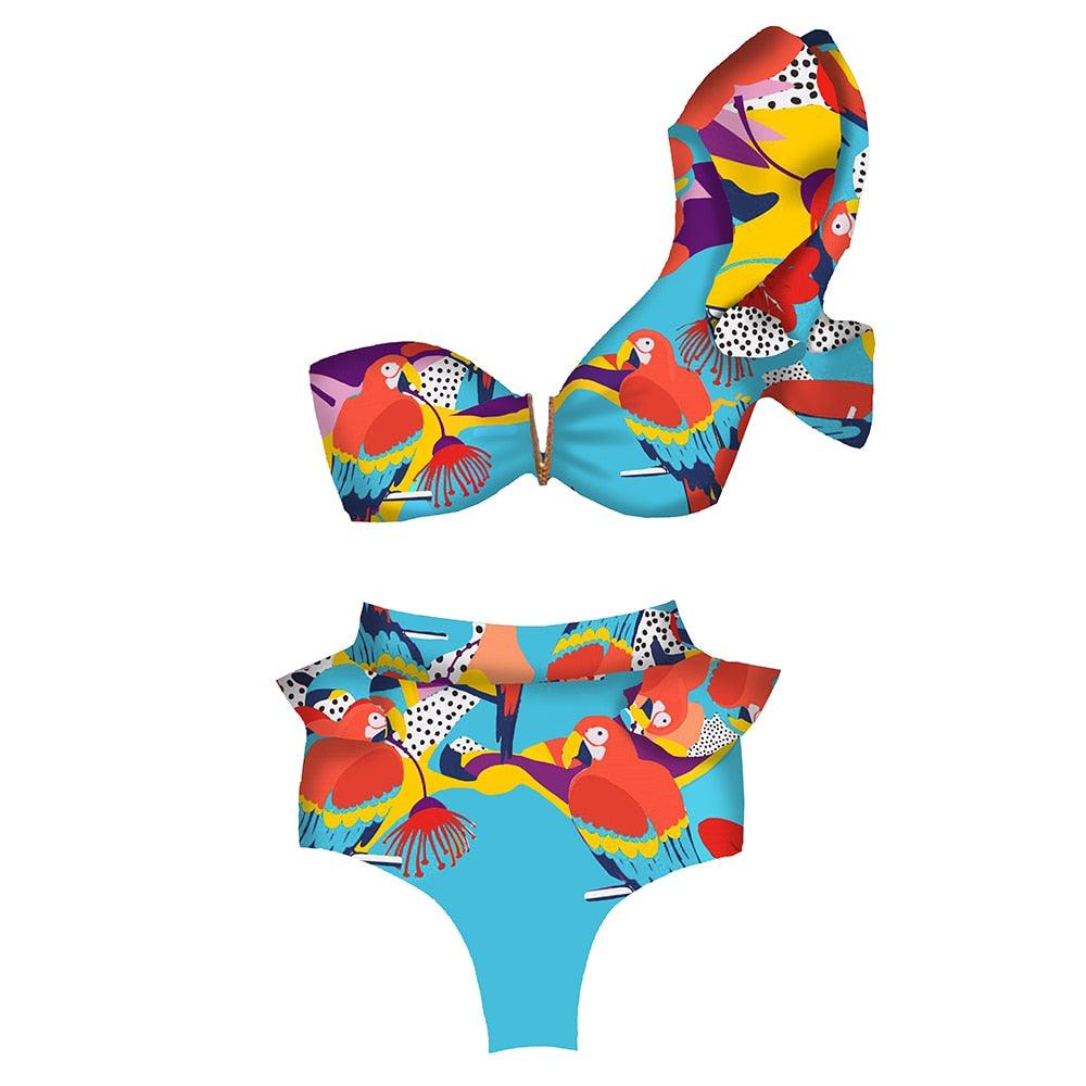 Two-piece women's swimwear set with push-up padded bra, ruffles, and low-rise bandage bikini in bright colors, perfect for beachwear.