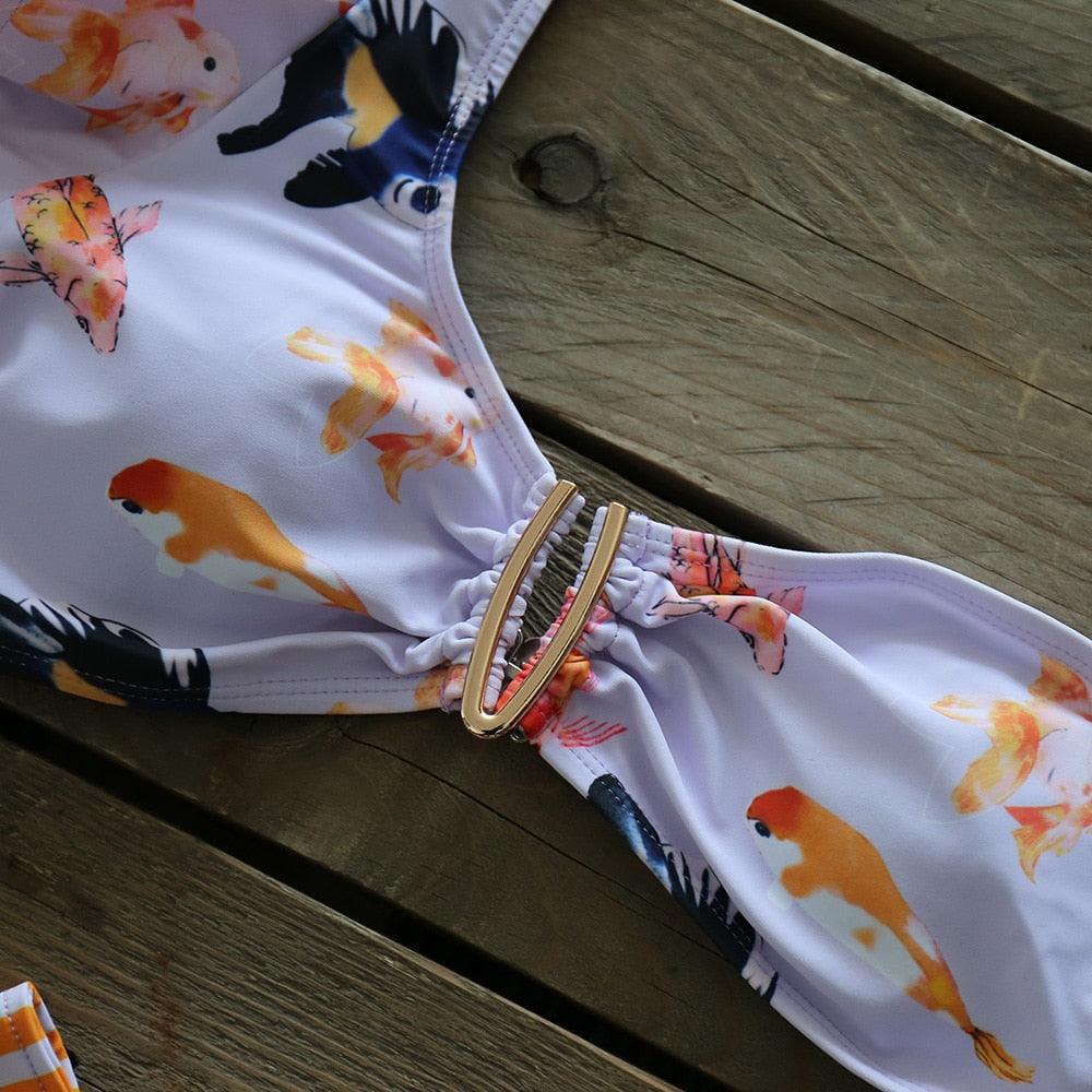 Two-piece women's bikini set with push-up padded bra, ruffles, and low-rise bandage design, ideal for beachwear and swimming.