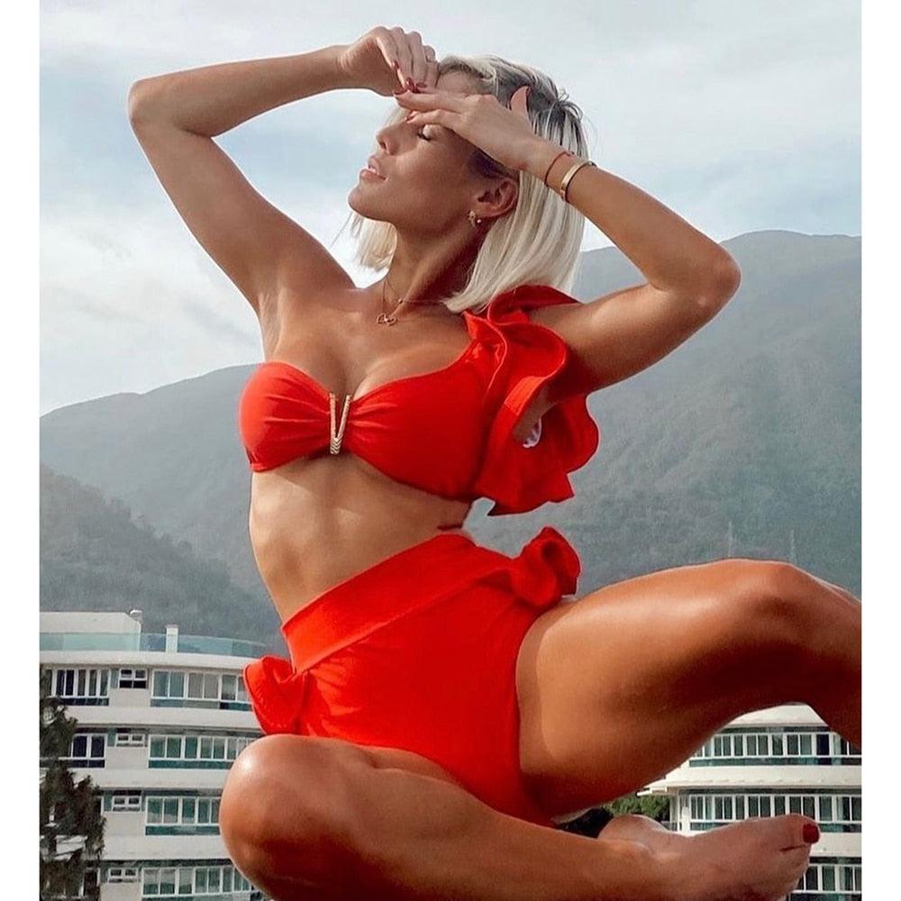 Stevvex two-piece women’s push-up padded bikini with ruffles, flounce design, low-rise bandage swimwear, perfect for beachwear.
