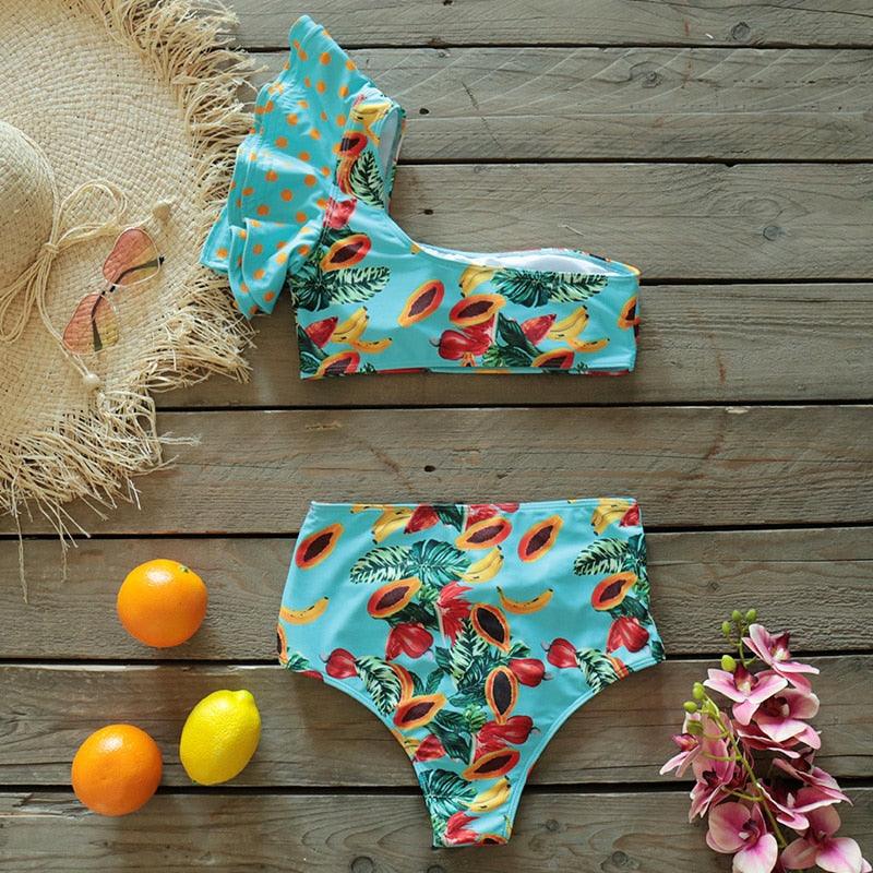 Two-piece women's bikini set with push-up padded bra, ruffles, and low-rise bottom, in a bandage and flounce design by Stevvex.