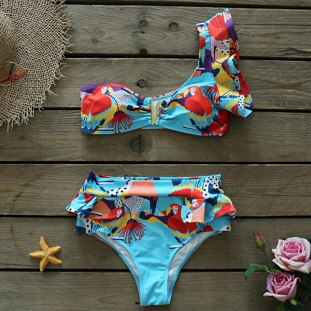 Stevvex two-piece women's push-up padded bikini set with ruffles, bandage design, low-rise swimwear, perfect for beachwear and poolside.