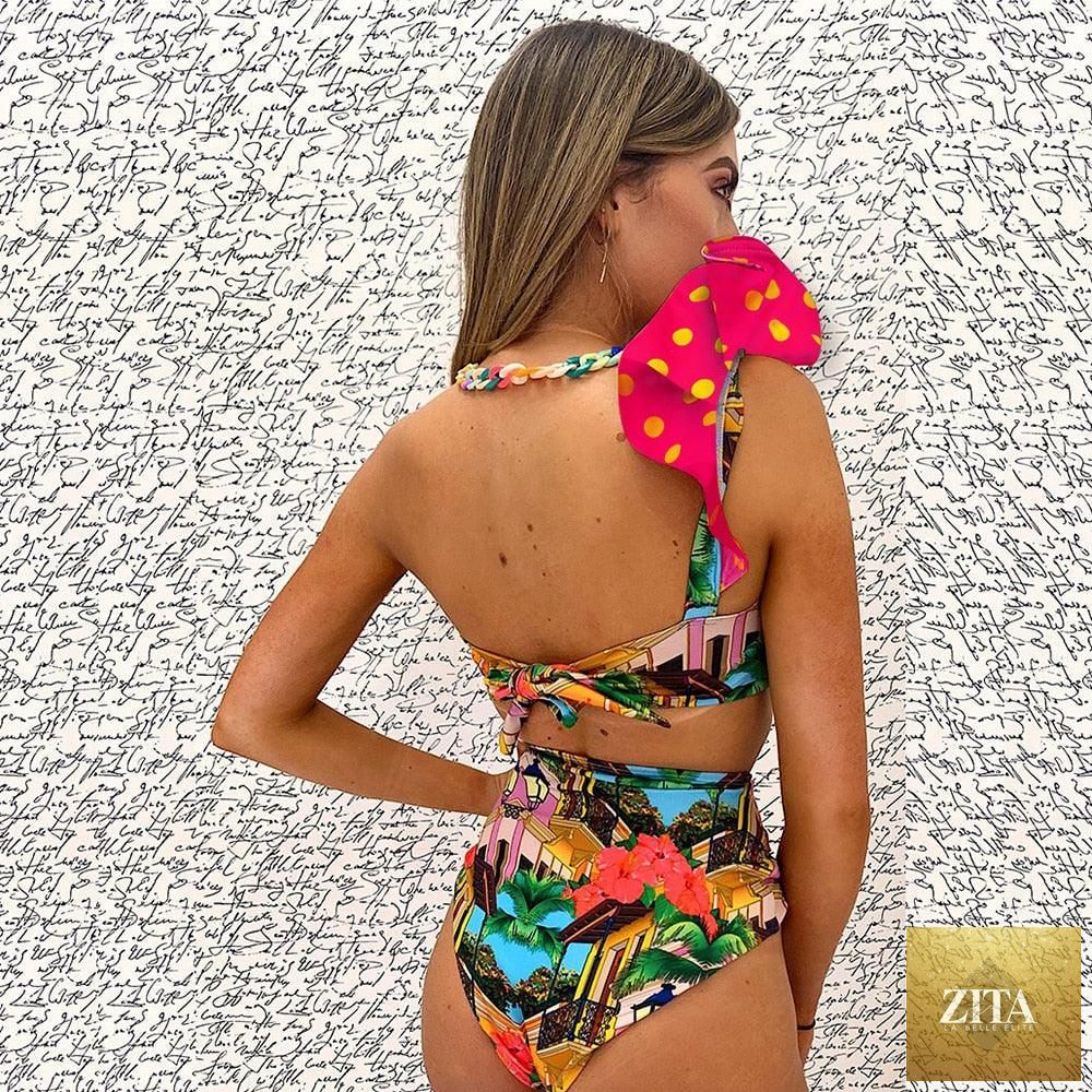 Stevvex two-piece women's bikini set with push-up padded bra, ruffles, low-rise design, perfect for beachwear and swimming.