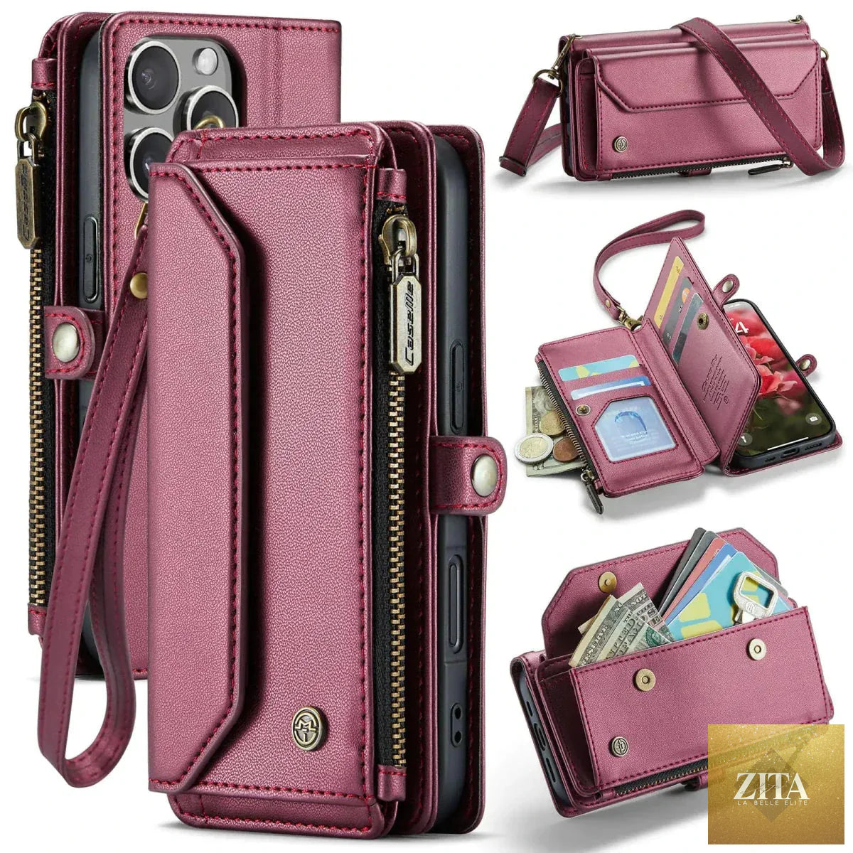 Mandotos iPhone 16 Pro RFID multi-function wallet case with card slots and protective design, shown on a white background.