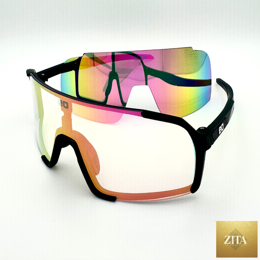 Eastern Outer Uno Mas Photochromic+ sunglasses with black and pink frames and two lenses, showing their stylish design and color options.