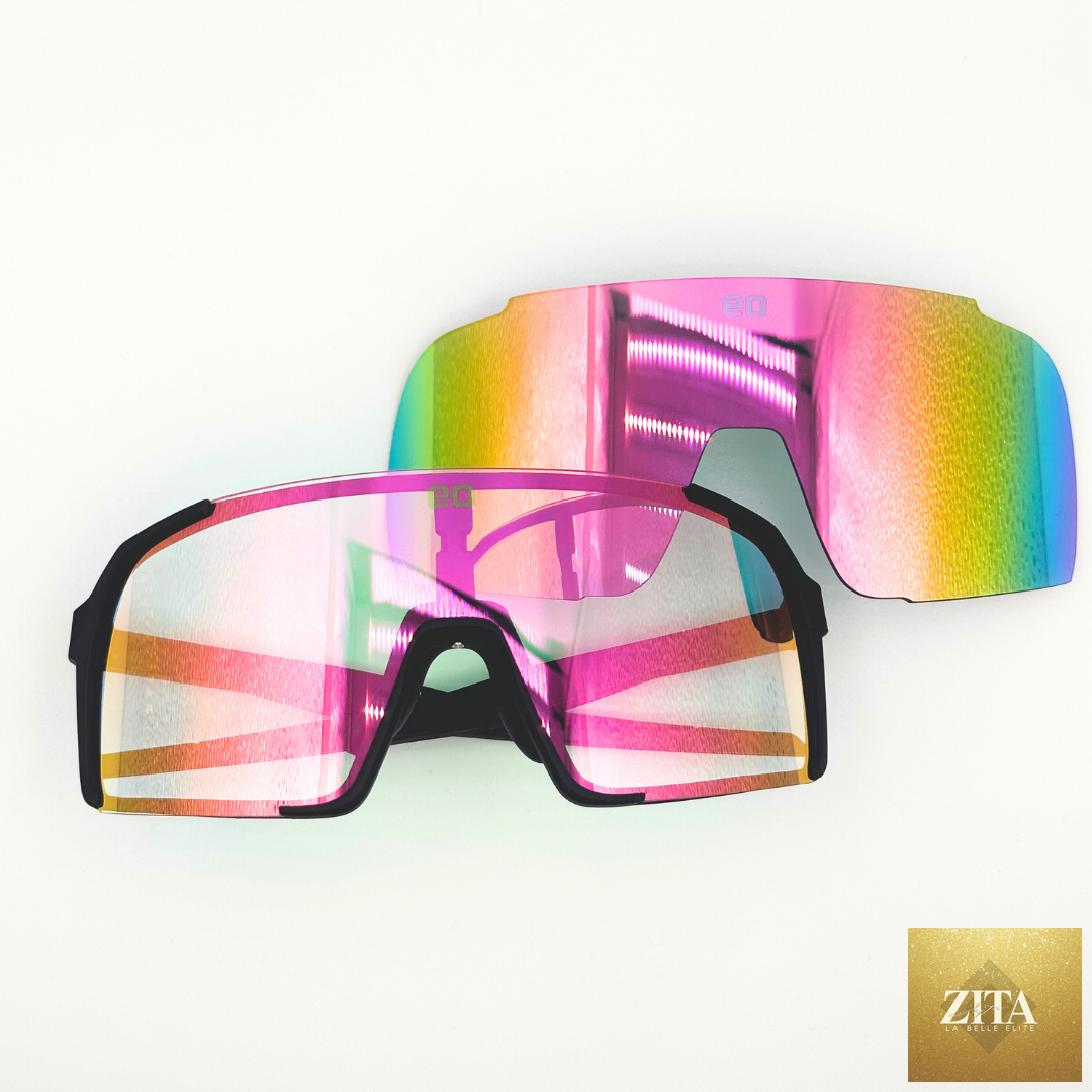 Eastern Outer Uno Mas Photochromic+ sunglasses with black and pink lenses, folded for compact storage and stylish protection.