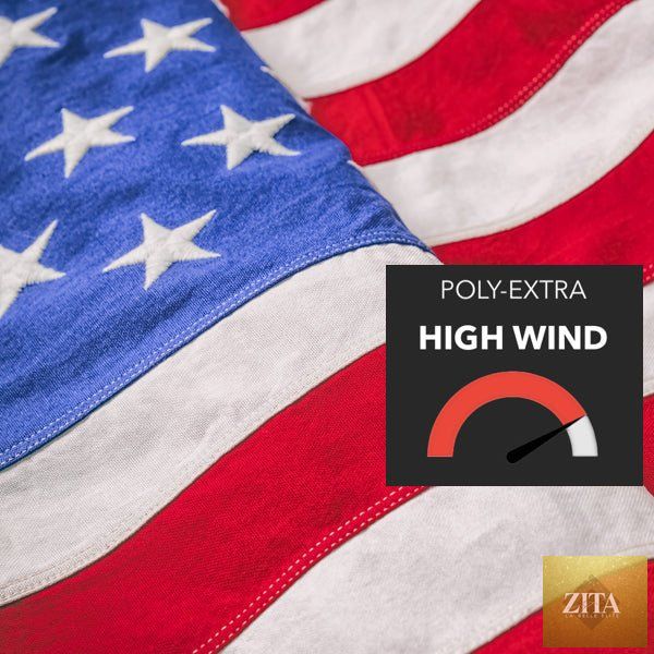U.S. Poly-Extra Flag by Flags Unlimited, durable nylon American flag with vibrant colors and reinforced edges fluttering in the wind.