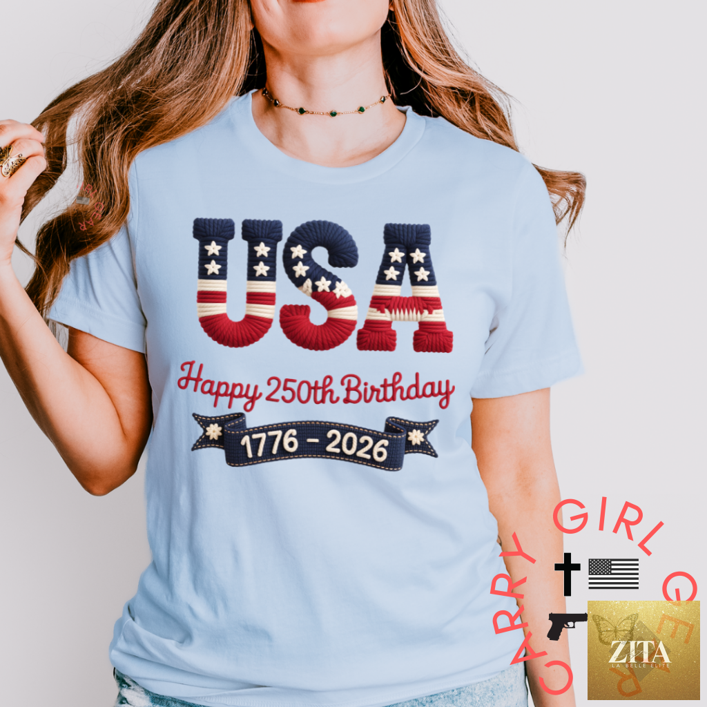 Unisex blue Carry Girl Gear CGG Perfect TEE with USA 1776-2026 design, casual fit, suitable for everyday wear.