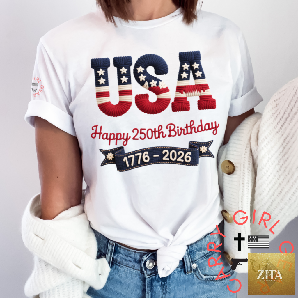 White CGG Perfect TEE with USA 1776-2026 design, unisex cut, featuring patriotic graphics for Carry Girl Gear.