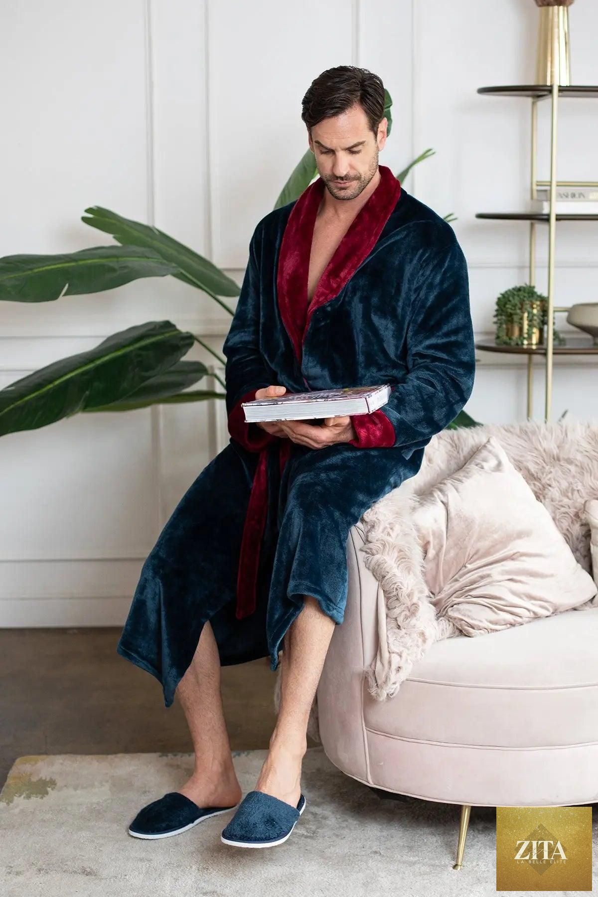 Luxurious men's plush robe from Lotus Linen, cozy and durable, perfect for relaxing and staying warm at home.