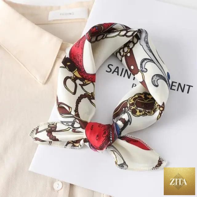 Printed square silk scarf for women, versatile fashion accessory, small neck scarf or hair band, by Stevvex.