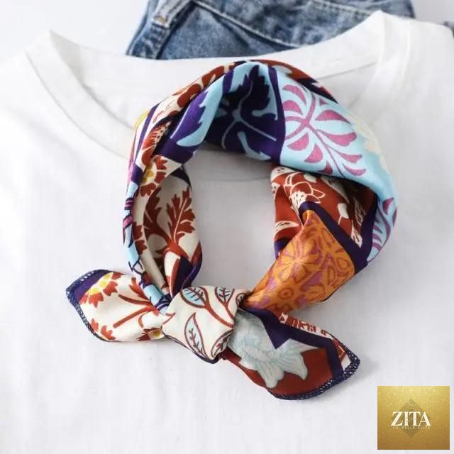 Stevvex square silk scarf with colorful printed pattern, versatile for neck, hair, or accessory, stylish for women.