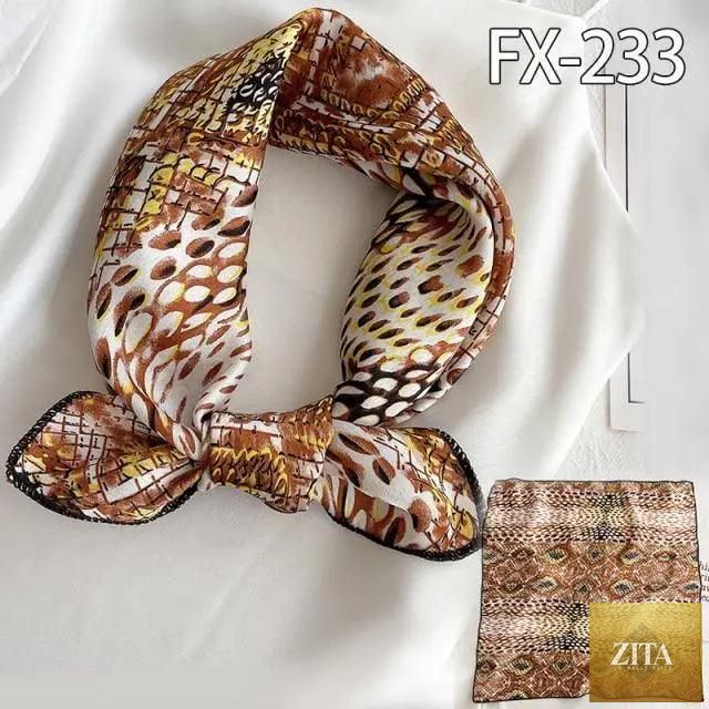 Fashionable square silk scarf for women with printed design, versatile as a neck or hair accessory, by Stevvex.