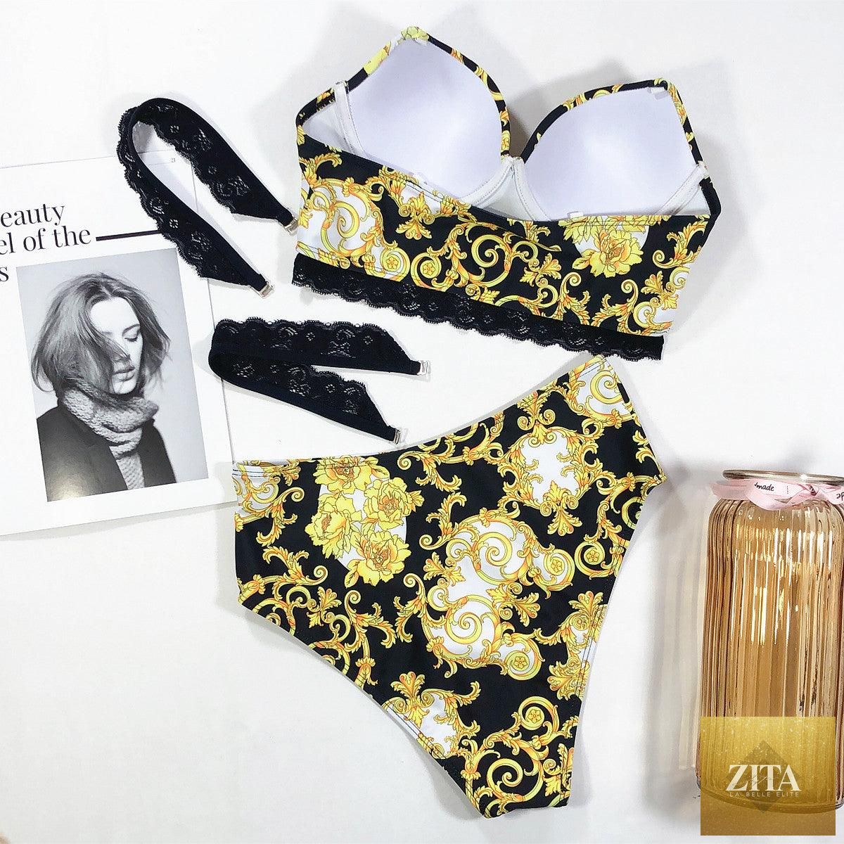 Stevvex vintage black print women's bikini set with halter top, high waist bottoms, lace straps, padded bra, perfect for beachwear.