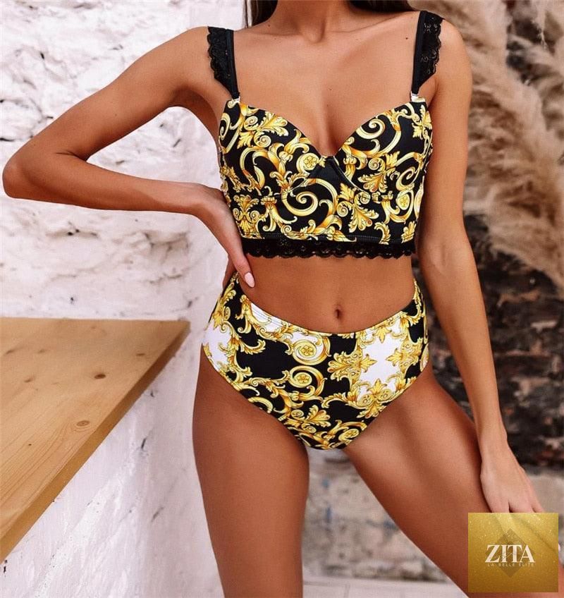 Vintage black print women's bikini set with halter top, high waist bottoms, lace details, padded bra, perfect for beachwear.