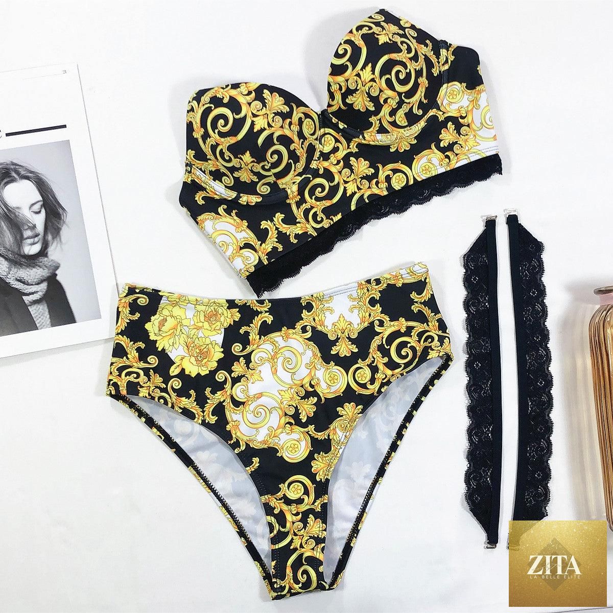 Stevvex vintage black print women's bikini set with halter top, high waist bottoms, lace and strappy details, padded bra, stylish beachwear