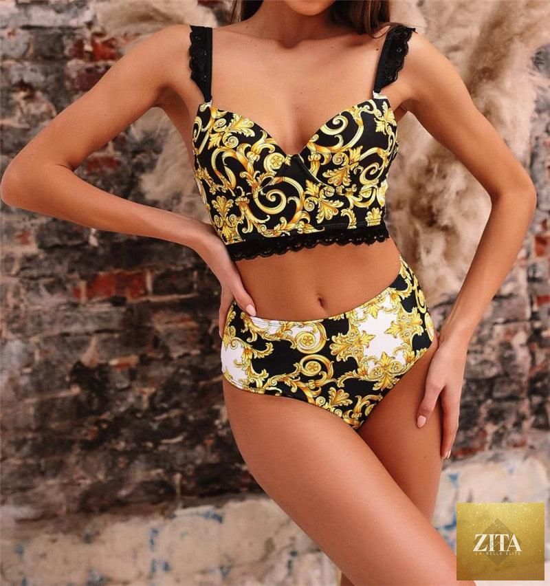 Vintage black print women's bikini set with halter top, high waist bottoms, lace straps, padded bra, and stylish beachwear design.