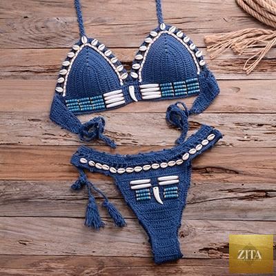 Vintage blue blazer and 2-piece halter bikini set with high waist, sequins, crochet details, and push-up design for women’s beach wear.