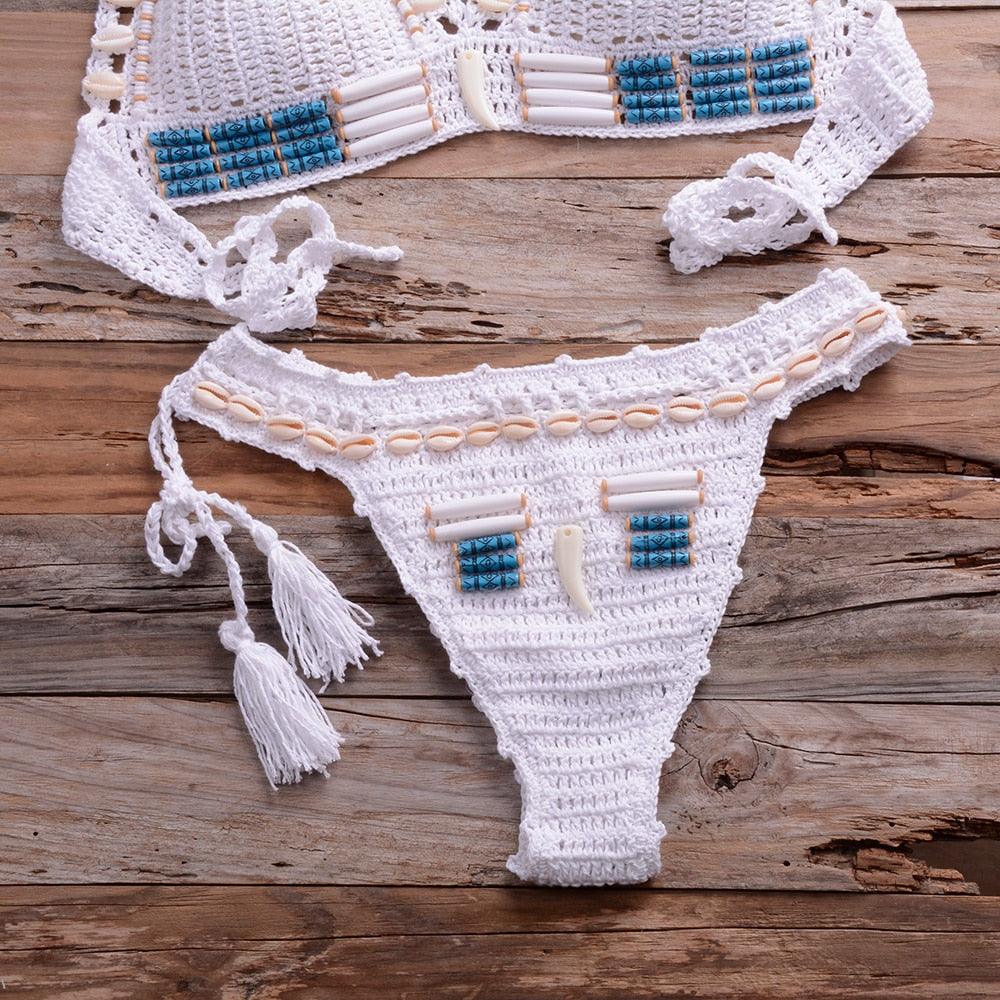 Vintage Blue Bikinis 2 Piece Halter Bikini Set Women High Waist Sequin Swimsuit Set Handmade Crochet High Quality Swimsuit Women Push Up Swimwear Knitted Beach Wear Bathing Suit