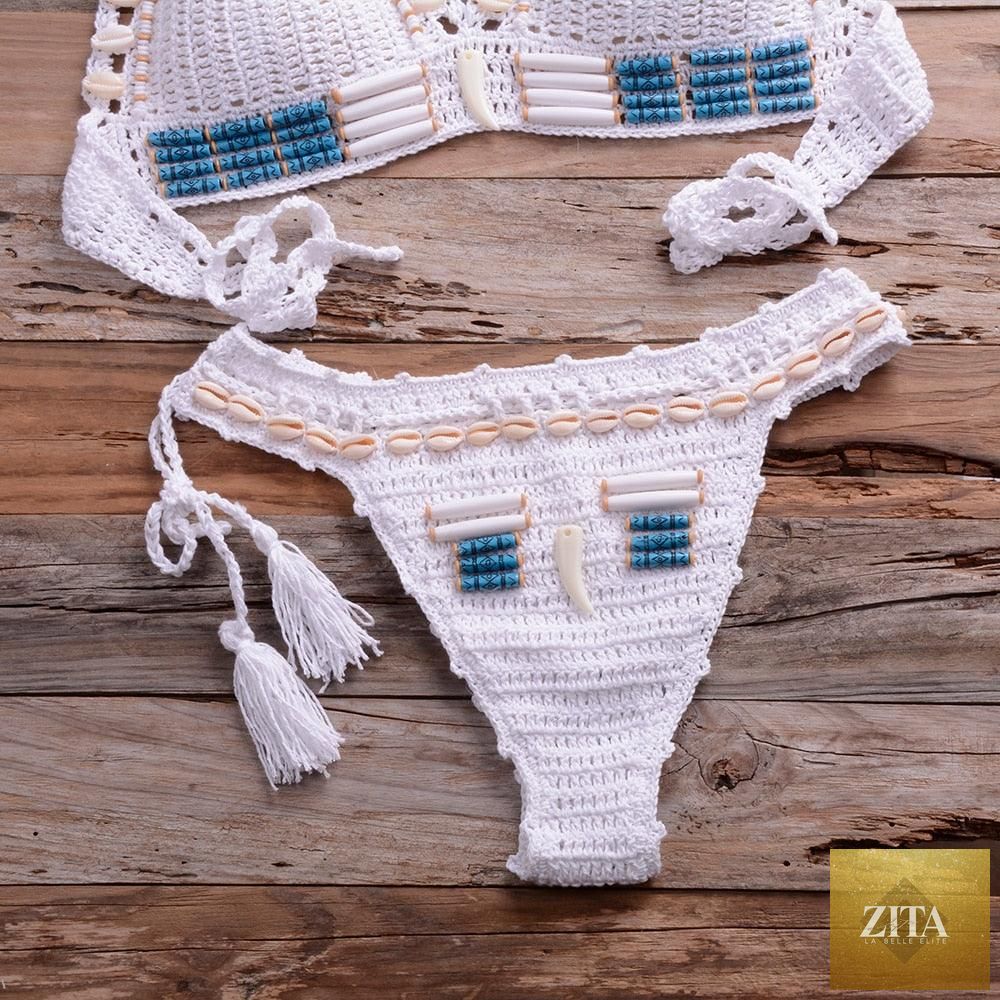 Vintage blue blazer bikini set for women, high-waist sequin halter top, crochet details, push-up design, suitable for beachwear and swimming.
