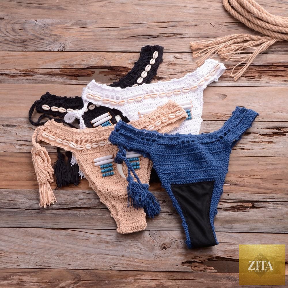 Vintage blue blazer-inspired 2-piece halter bikini set for women with high waist, sequins, crochet details, and push-up support.