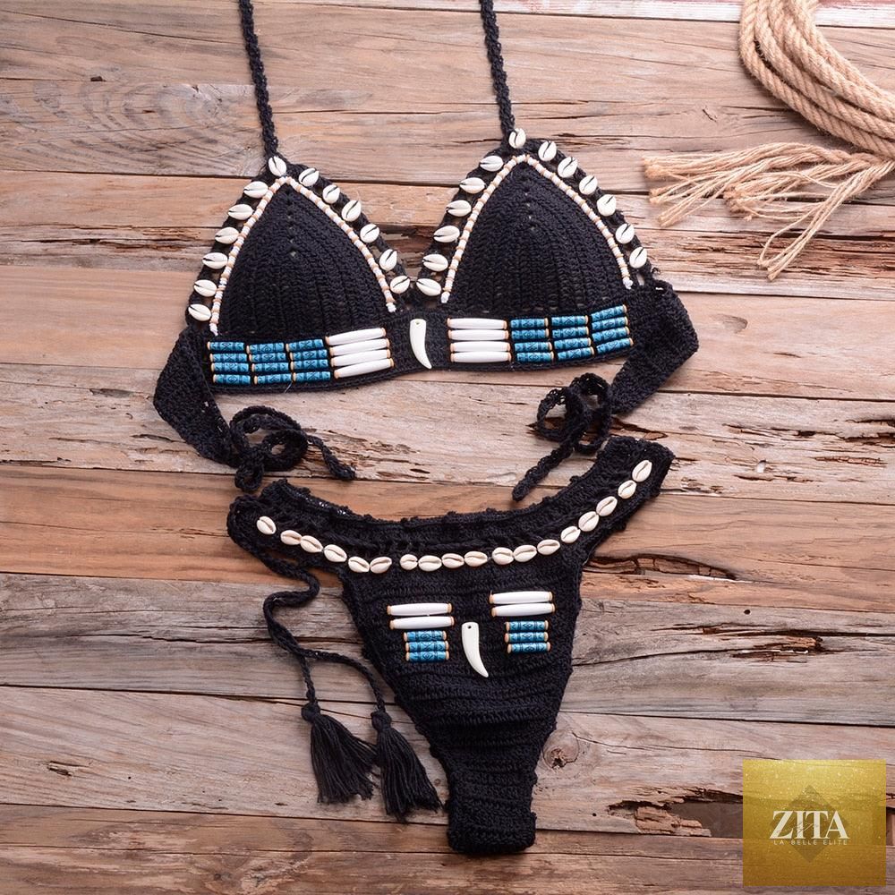 Vintage blue blazer and 2-piece halter bikini set with high waist, sequins, crochet details, and push-up design for women’s swimwear.