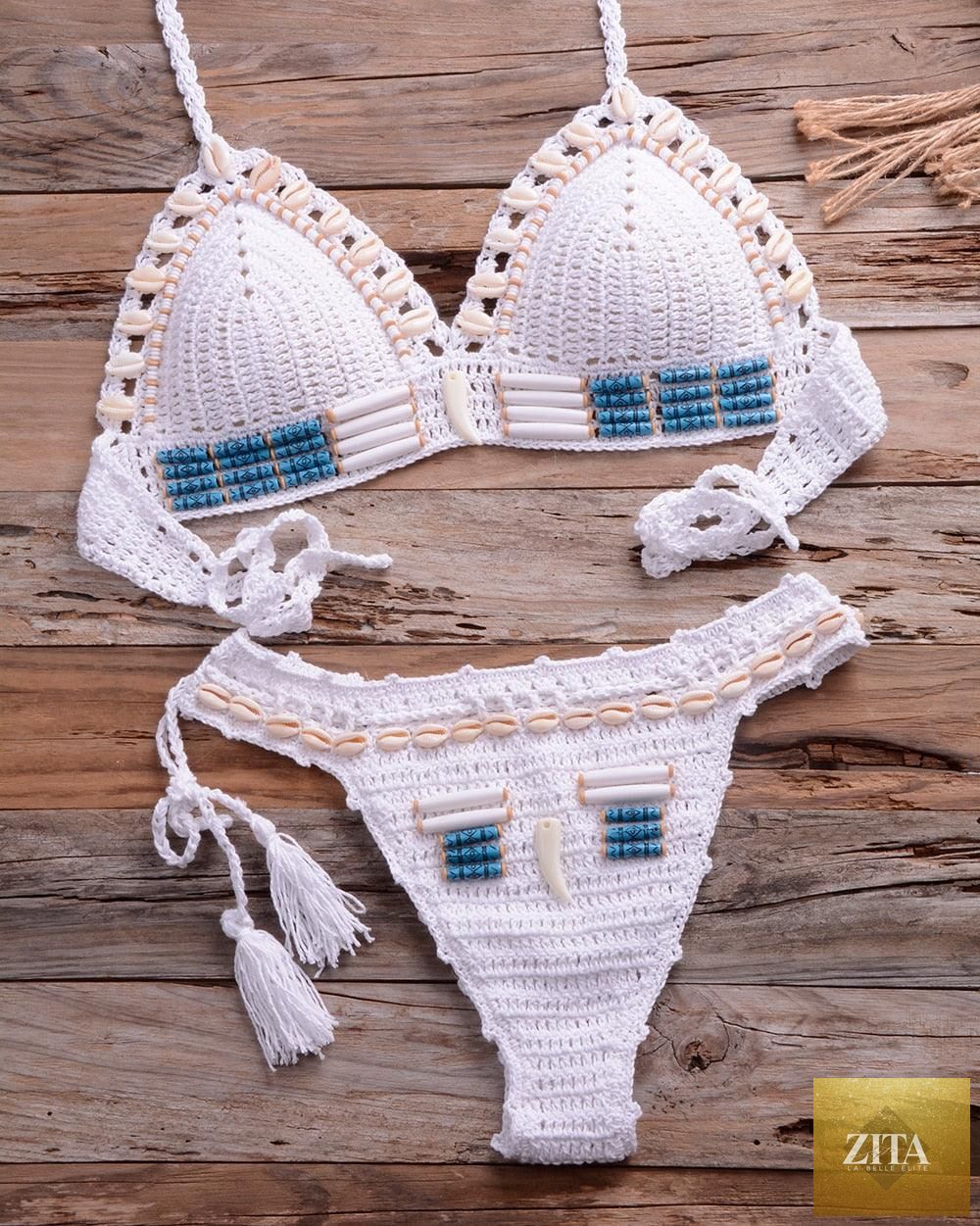 Vintage blue blazer and high-waist sequin halter bikini set for women, handmade crochet, push-up style, perfect for beachwear.