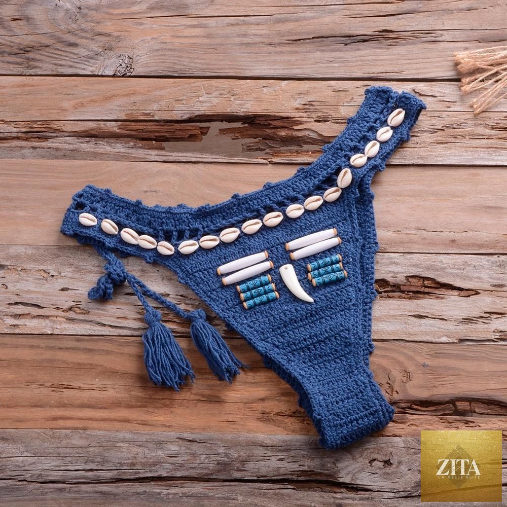Vintage blue blazer and high-waist sequin bikini set for women, handmade crochet swimsuit with push-up and knitted beachwear details.