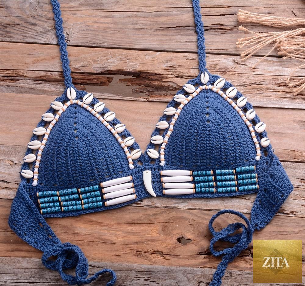 Vintage blue blazer-style 2-piece halter bikini set with high waist, sequins, crochet details, and push-up design for women.