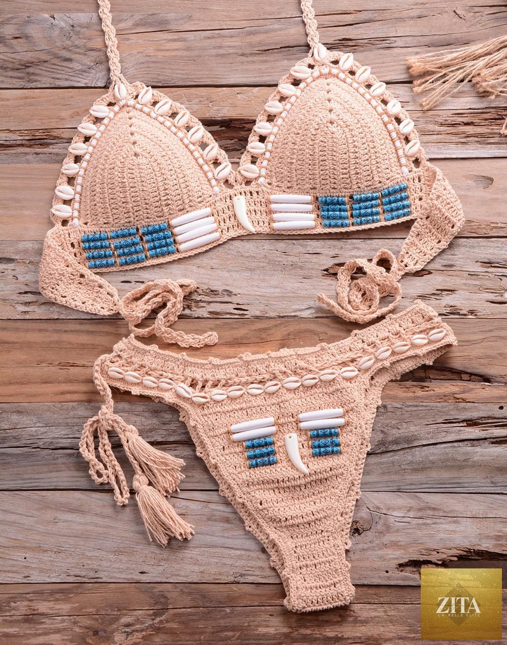 Vintage blue blazer and high-waist halter bikini set with sequins and crochet details, perfect for beachwear and summer swim sessions.