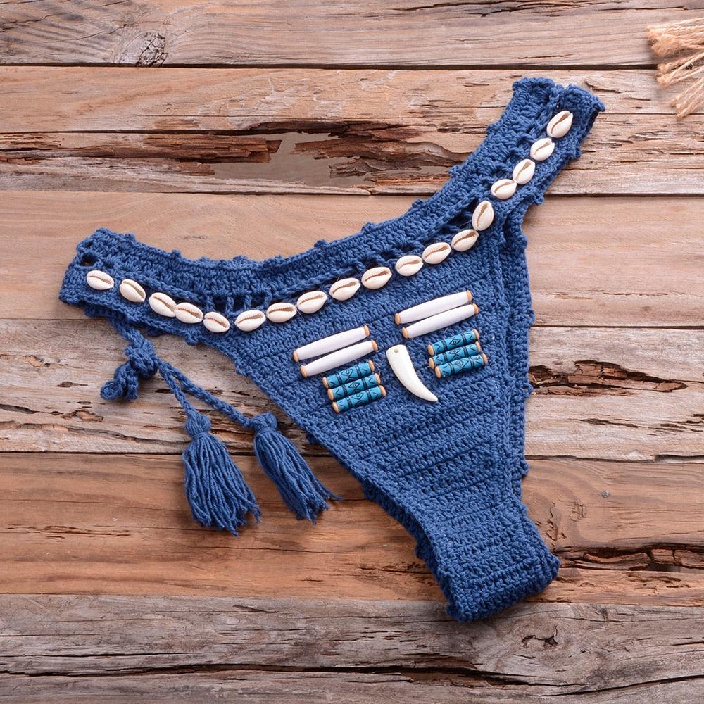 Vintage Blue Bikinis 2 Piece Halter Bikini Set Women High Waist Sequin Swimsuit Set Handmade Crochet High Quality Swimsuit Women Push Up Swimwear Knitted Beach Wear Bathing Suit