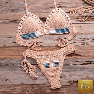 Vintage blue blazer 2-piece halter bikini set with high waist, sequins, crochet details, and push-up design for women’s beachwear.