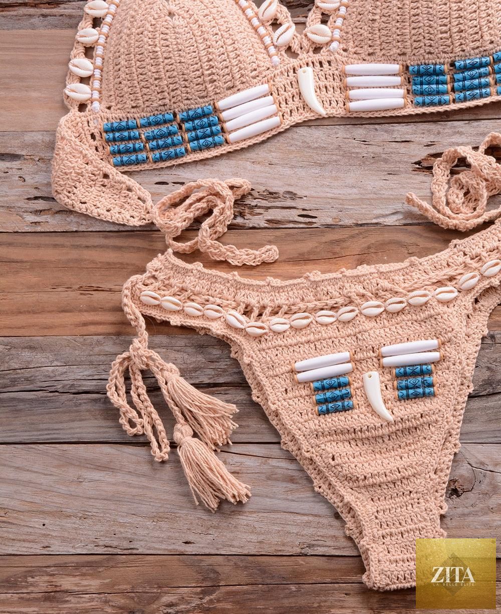 Vintage blue blazer and high-waist sequin bikini set for women, featuring crochet details, push-up style, and beach-ready swimwear.
