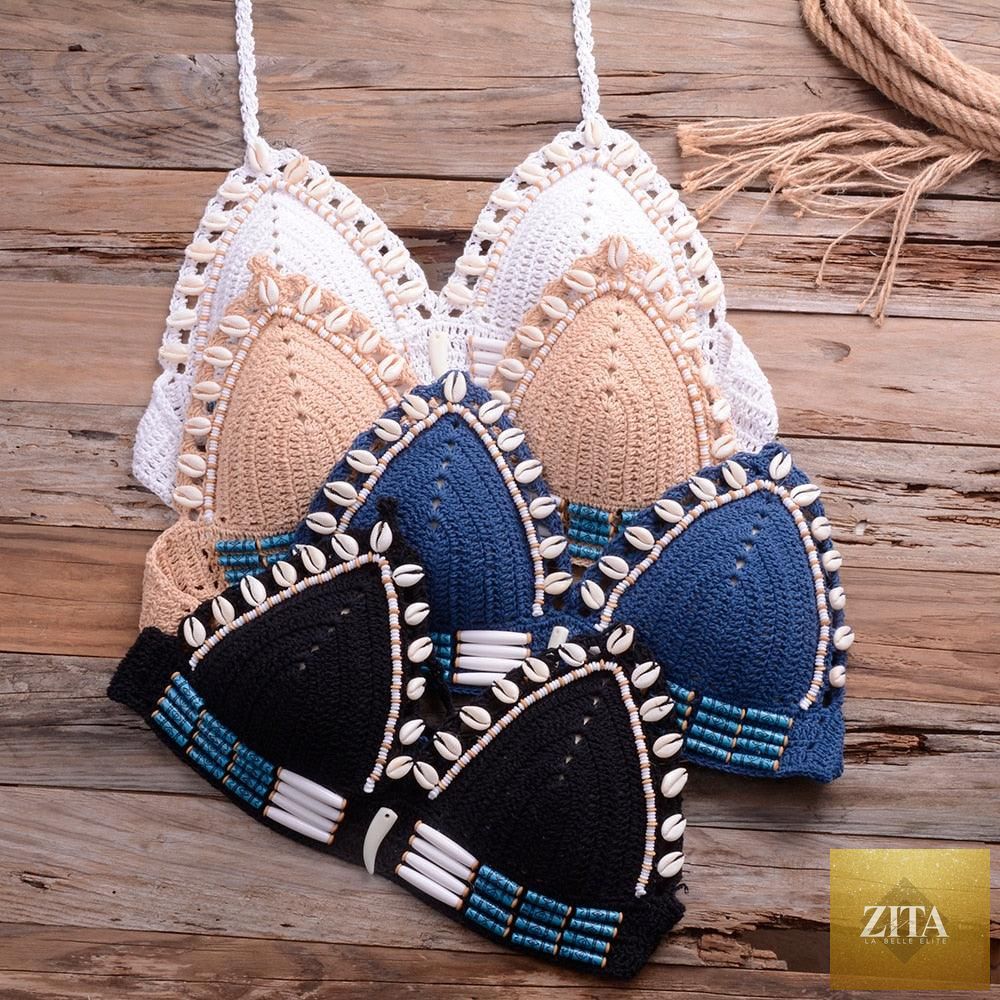 Vintage blue blazer bikini set for women, high-waist sequin halter swimsuit with crochet details and push-up design.