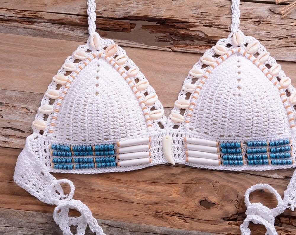 Vintage Blue Bikinis 2 Piece Halter Bikini Set Women High Waist Sequin Swimsuit Set Handmade Crochet High Quality Swimsuit Women Push Up Swimwear Knitted Beach Wear Bathing Suit
