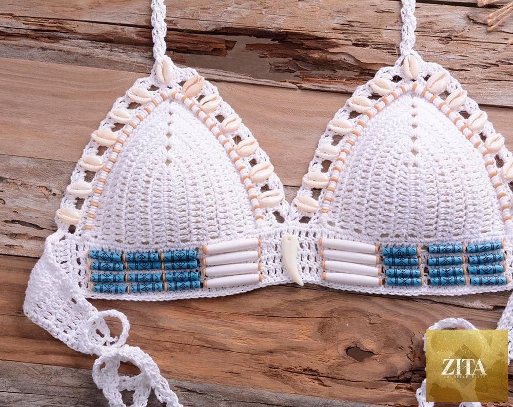 Vintage blue blazer-style 2-piece halter bikini set for women, with high waist, sequins, crochet details, and push-up support.