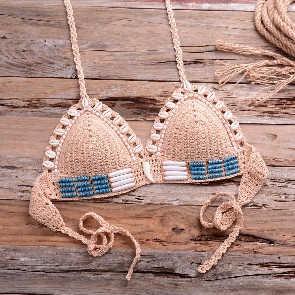 Vintage Blue Bikinis 2 Piece Halter Bikini Set Women High Waist Sequin Swimsuit Set Handmade Crochet High Quality Swimsuit Women Push Up Swimwear Knitted Beach Wear Bathing Suit