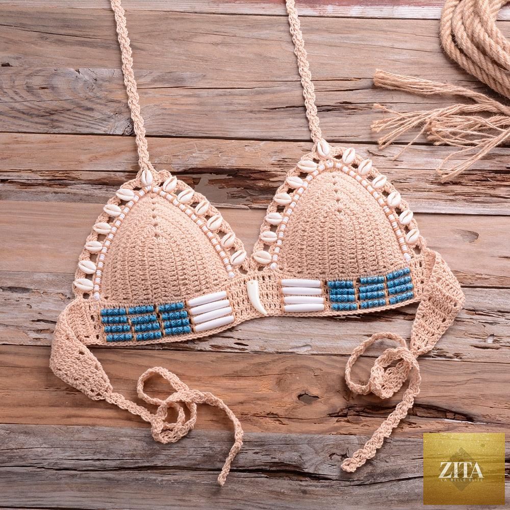 Vintage blue blazer and halter bikini set for women, high-waist sequin swimsuit with crochet details, push-up and knitted beachwear.