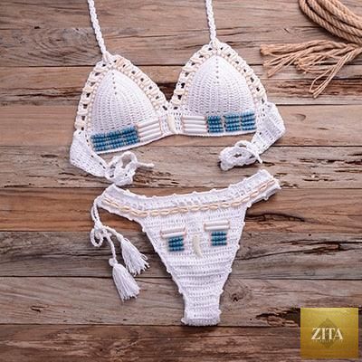 Vintage blue Stevvex blazer 2-piece halter bikini set with high waist, sequins, crochet details, and push-up design for women.