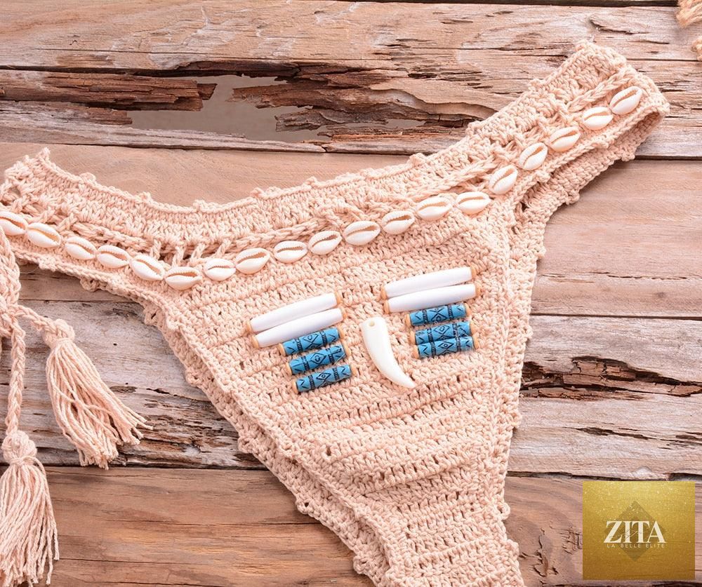 Vintage blue blazer and high-waist sequin halter bikini set for women, featuring crochet details and push-up design, suitable for beachwear.