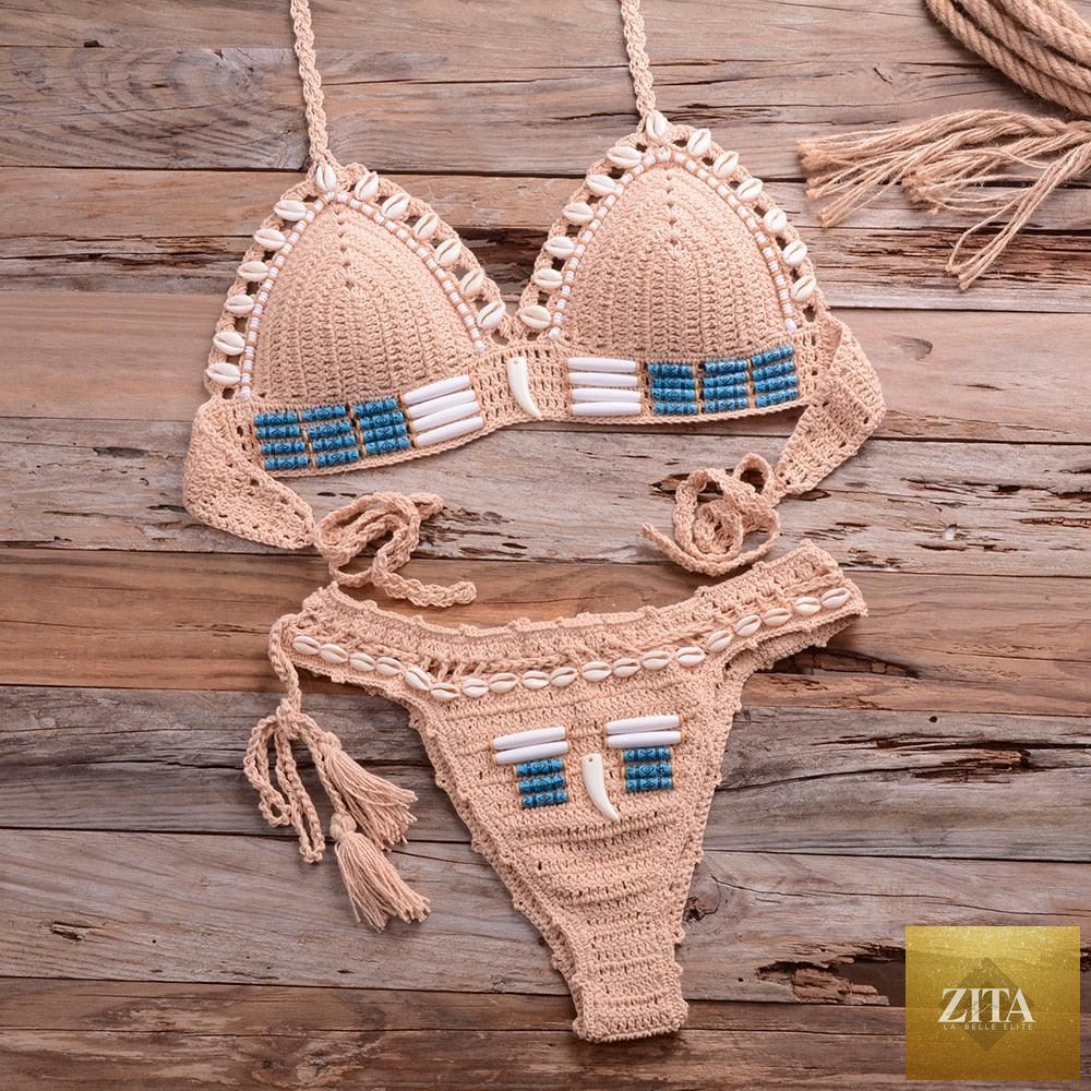 Vintage blue blazer 2-piece halter bikini set with high waist, sequins, crochet details, and push-up design for women’s beachwear.