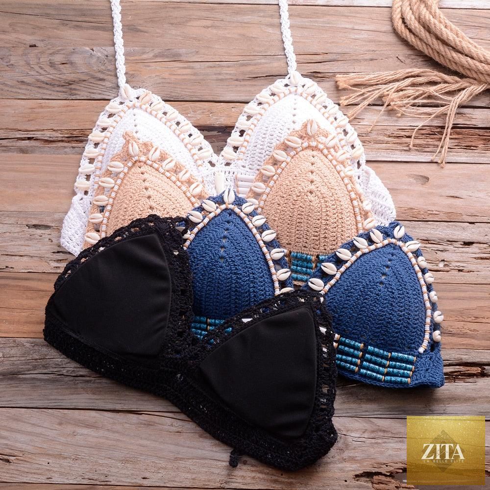 Vintage blue blazer and 2-piece halter bikini set with high waist, sequins, crochet details, and push-up style for women at the beach.