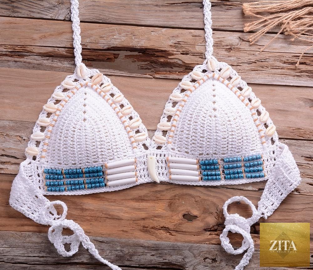 Vintage blue blazer-inspired 2-piece halter bikini set with high waist, sequins, crochet details, and push-up fit for women.