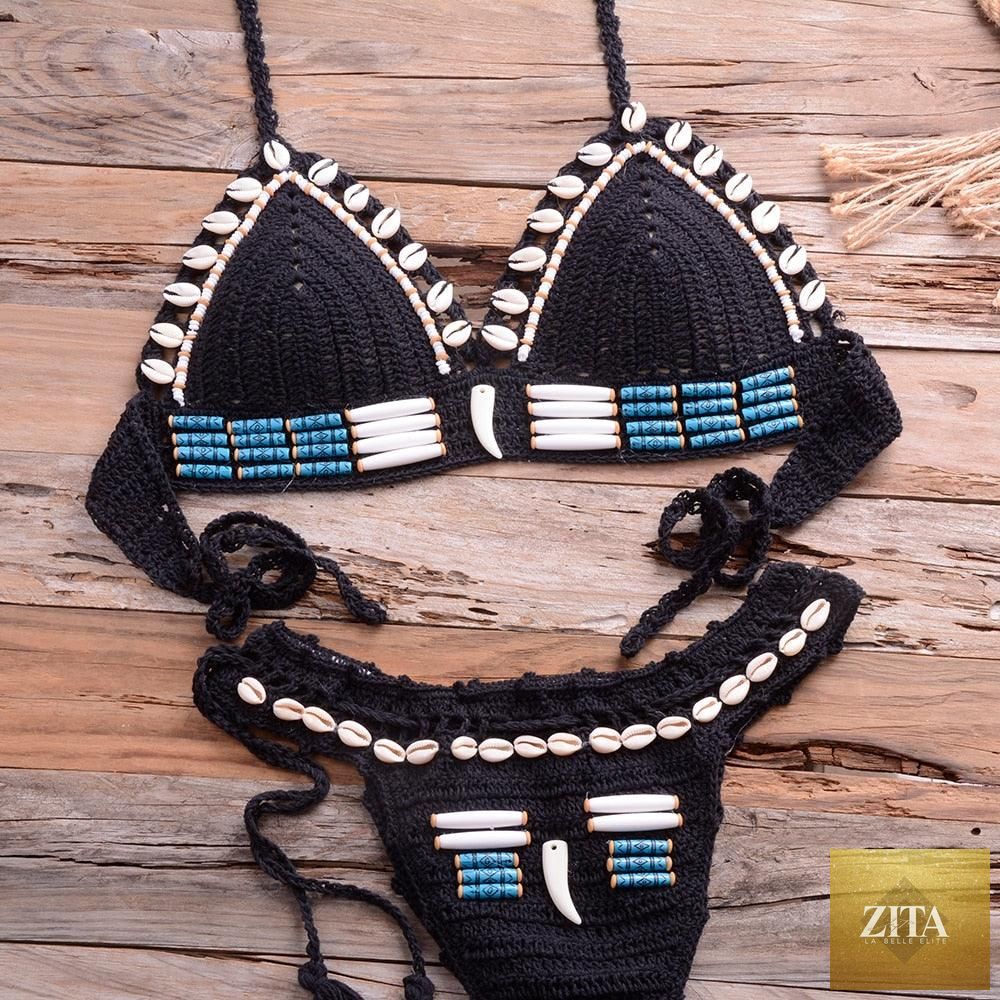 Vintage blue Stevvex blazer-style 2-piece halter bikini set with high waist, sequin details, crochet design, and push-up swimwear.