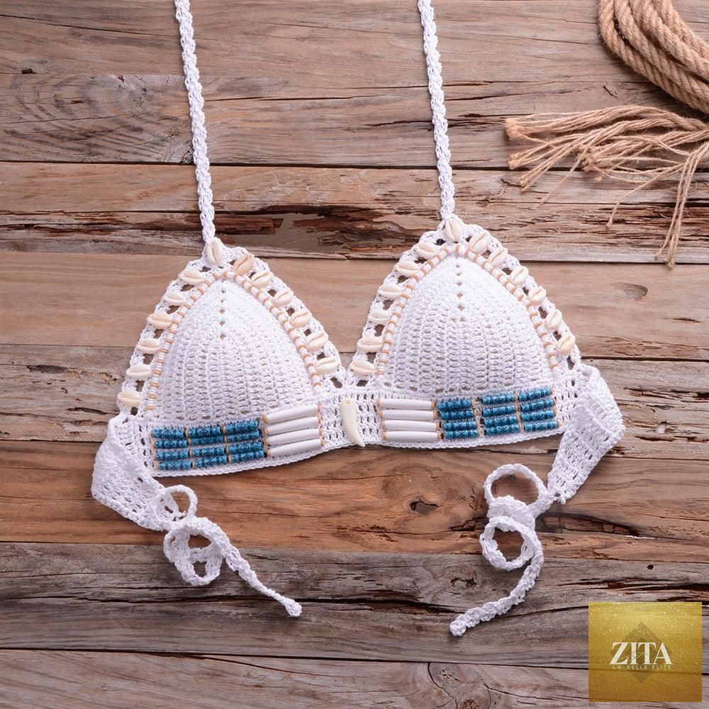 Vintage blue Stevvex blazer-style 2-piece halter bikini set with high waist sequin and crochet details, ideal for beachwear and swimming.