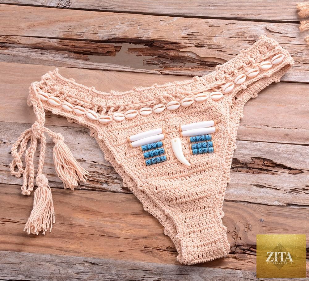 Vintage blue blazer 2-piece halter bikini set with high waist, sequins, crochet details, and push-up style for women’s swimwear.