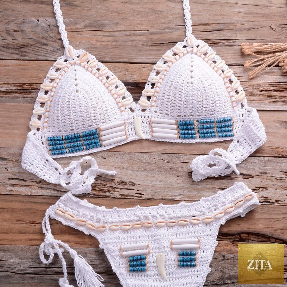 Vintage blue Stevvex blazer-style 2-piece halter bikini set with high waist, sequins, crochet details, and push-up design for women.