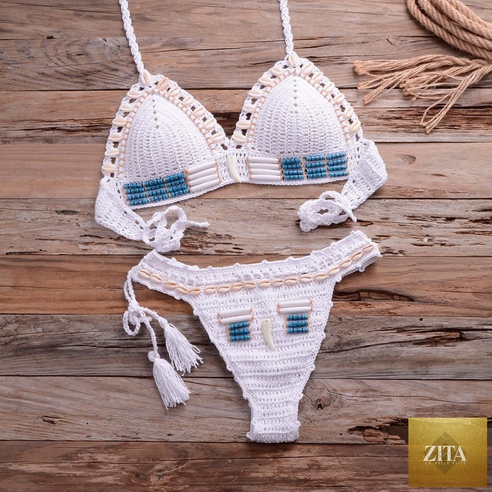 Vintage blue blazer and 2-piece halter bikini set with high waist, sequins, crochet details, and push-up design for women.