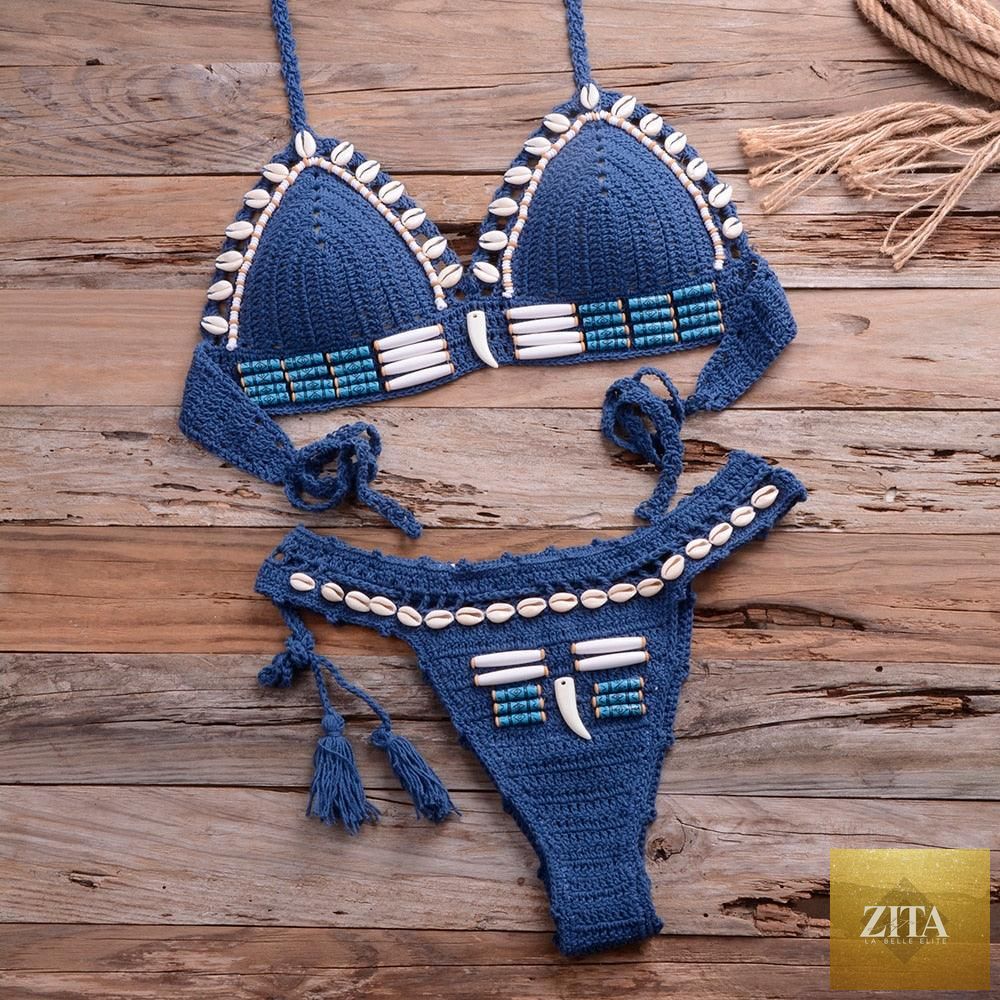 Vintage blue blazer-inspired 2-piece halter bikini set with high waist, sequins, crochet details, and push-up design for women.