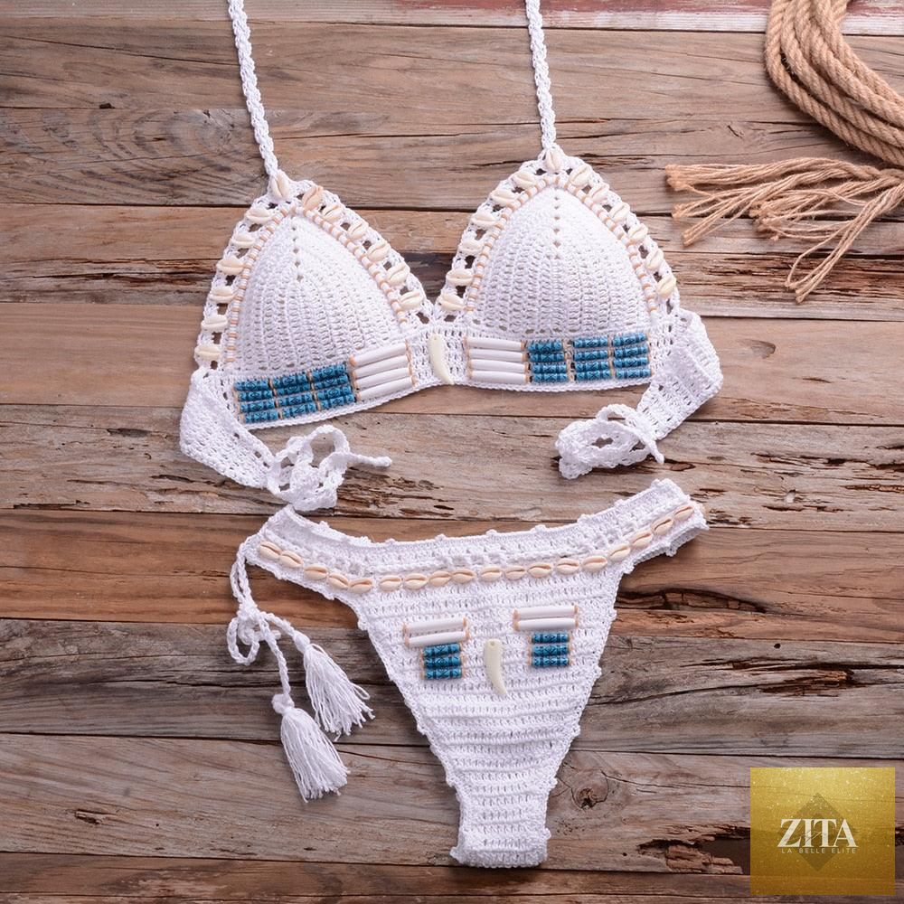 Vintage blue blazer and high-waist sequin halter bikini set for women, handmade crochet, push-up swimwear, perfect for beachwear.